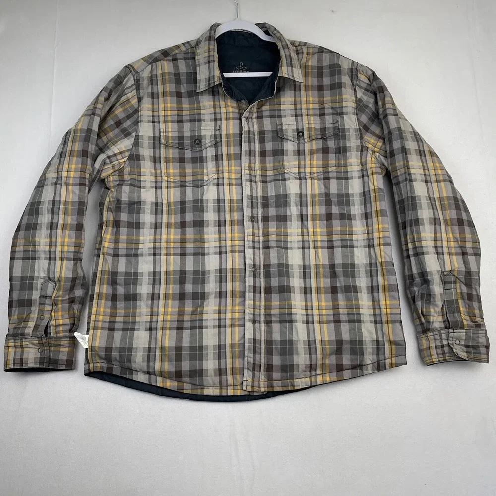 prAna Jacket Mens Size XL Rhody Reversible Black Multi Plaid Snap Button Outdoor